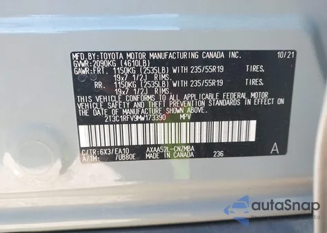 2021 Toyota Rav4 Xle Premium from USA, damaged, VIN 2T3C1RFV9MW173390